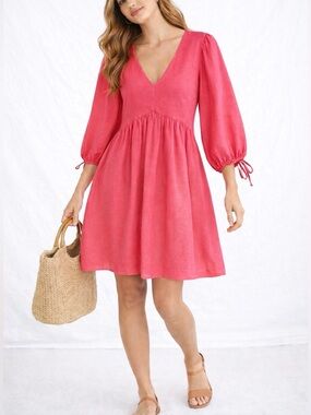 Every Linen Blend Coral Pink Babydoll Dress Puff Sleeve Tie Back Sz M Feminine
